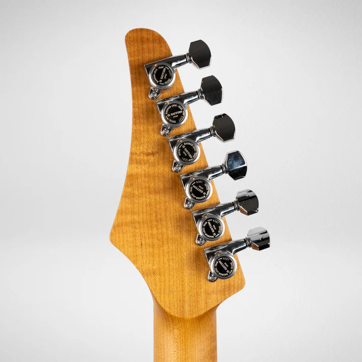 Six chrome tuning pegs on the back of a natural wood electric guitar headstock, each labeled with black and silver text.