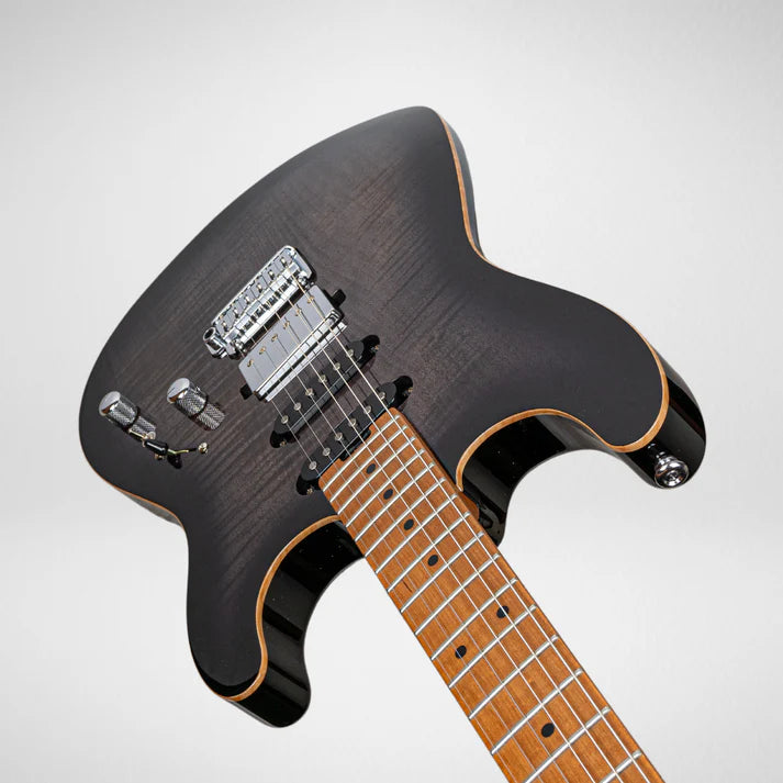 Black electric guitar with maple neck, chrome bridge and knobs, and cream binding outlining the body edges.