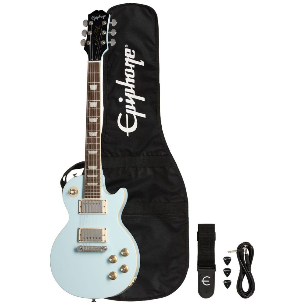 Light blue Epiphone Les Paul electric guitar with gig bag, black strap, three picks, and cable arranged beside it.