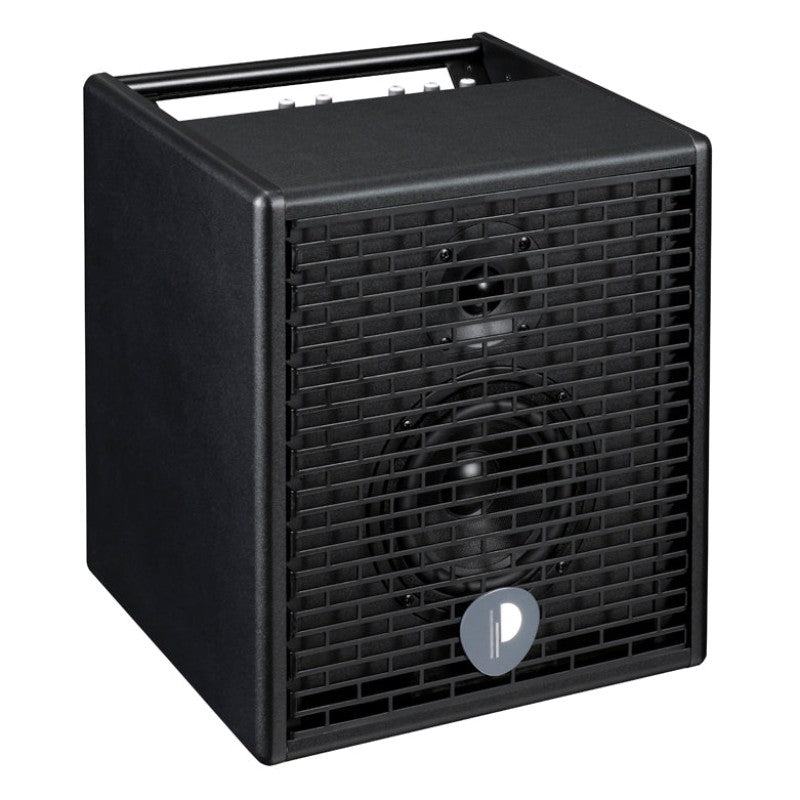 Black rectangular amplifier with a front grille, large circular speaker, smaller tweeter above, and a round logo near the bottom center.