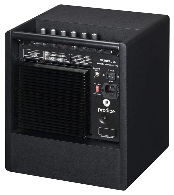 Black rectangular amplifier with control knobs, vents, power switch, and input ports on the back panel, labeled "prodipe Natural 05."