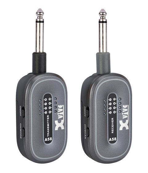 Two compact Xvive wireless transmitters with 1/4 inch plugs, labeled A58 Transmitter and A58 Receiver, each with indicator lights and buttons.