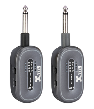 Two compact Xvive wireless transmitters with 1/4 inch plugs, labeled A58 Transmitter and A58 Receiver, each with indicator lights and buttons.
