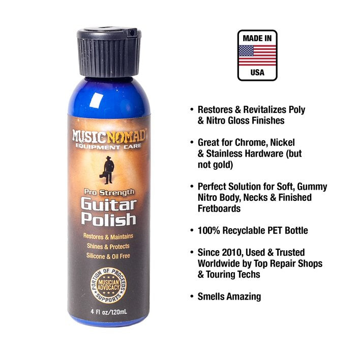 Music Nomad Pro Strength Guitar Polish in a blue 4 oz bottle, cleans and polishes guitars, silicone and oil free, restores and protects finishes.
