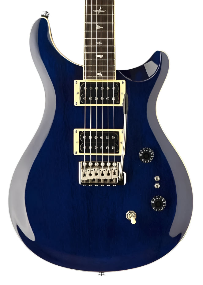 Blue electric guitar with two humbucker pickups, three control knobs, a whammy bar, and bird inlays on a dark fretboard.