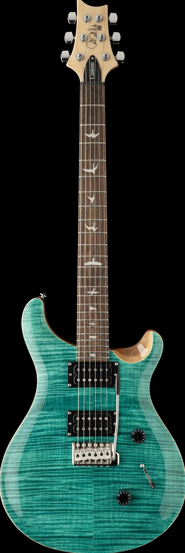 Aqua blue PRS electric guitar with a flamed maple top, two humbucker pickups, bird inlays on the fretboard, and chrome tuning pegs.