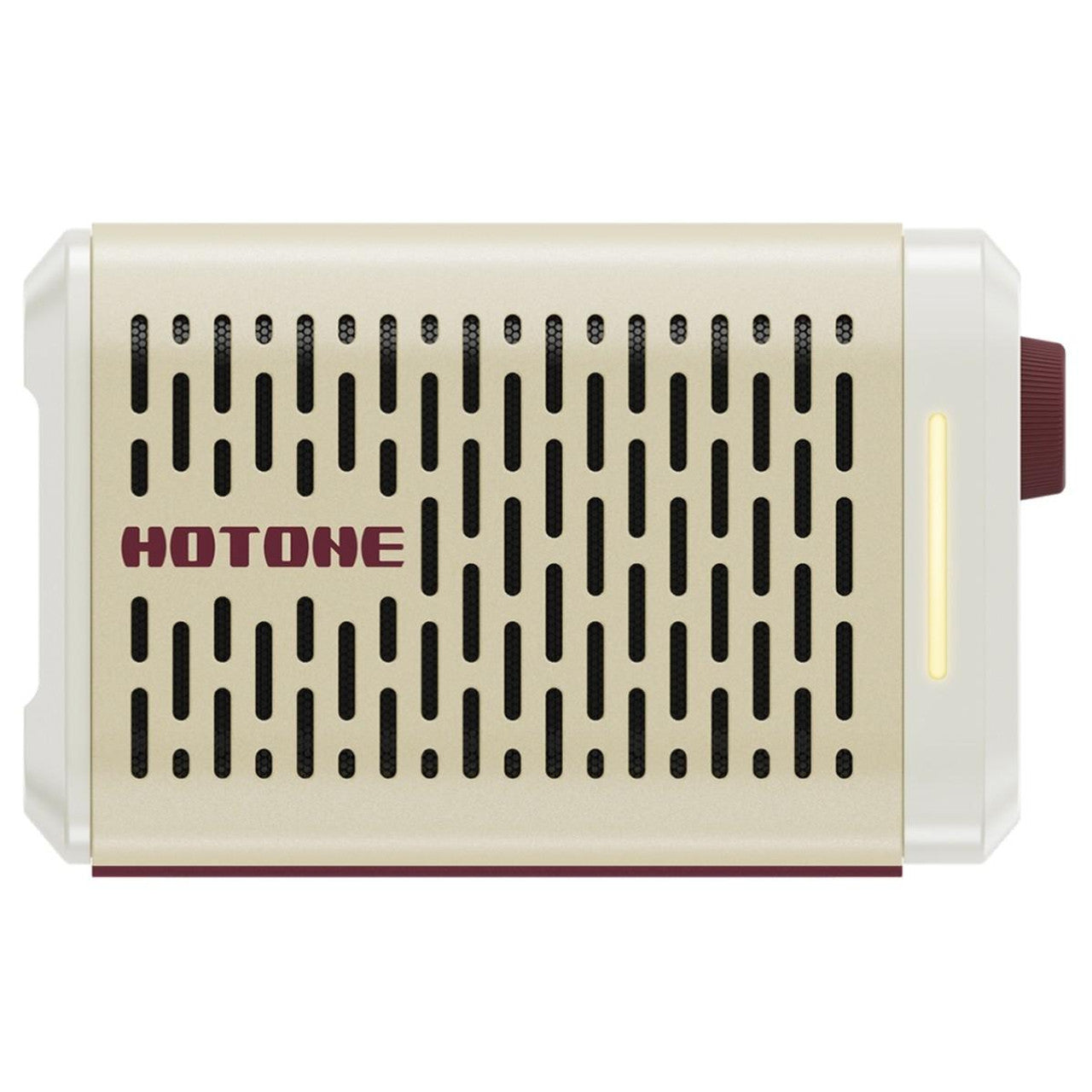 Compact cream-colored amplifier with vertical black grill slits, maroon "HOTONE" logo on front, and a large maroon knob on the right side.