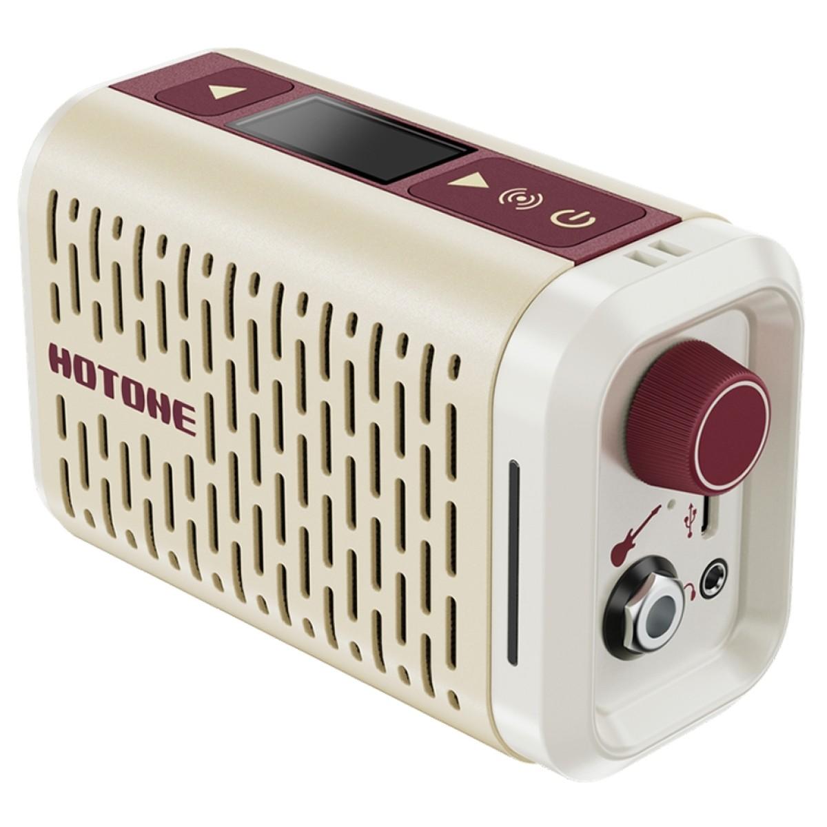 Compact cream-colored amplifier with maroon accents, a large control knob, input jack, and a vented side panel labeled "HOTONE."
