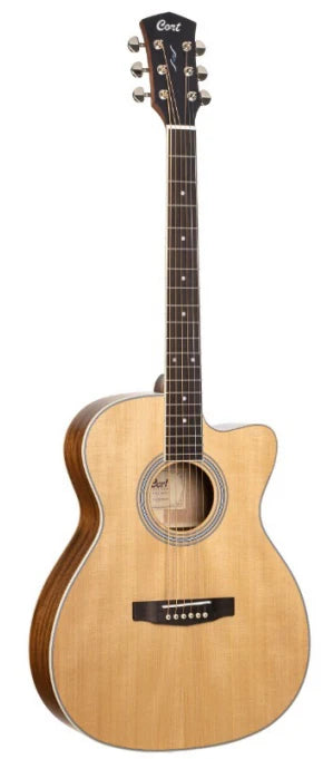 Light-colored acoustic guitar with a cutaway body, dark fretboard, six tuning pegs, and a circular sound hole with decorative rings.