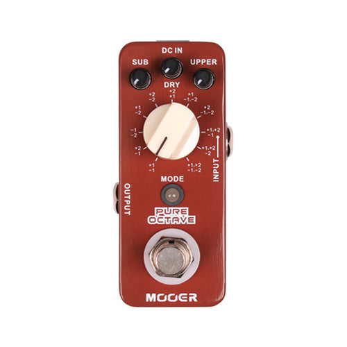 Compact brown effects pedal with three knobs, a mode selector, a footswitch, and labeled INPUT and OUTPUT jacks; reads Pure Octave by Mooer.
