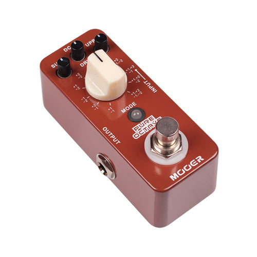Compact brown effects pedal labeled "Pure Octave" by Mooer with three knobs, a footswitch, jacks on both sides, and a mode button.