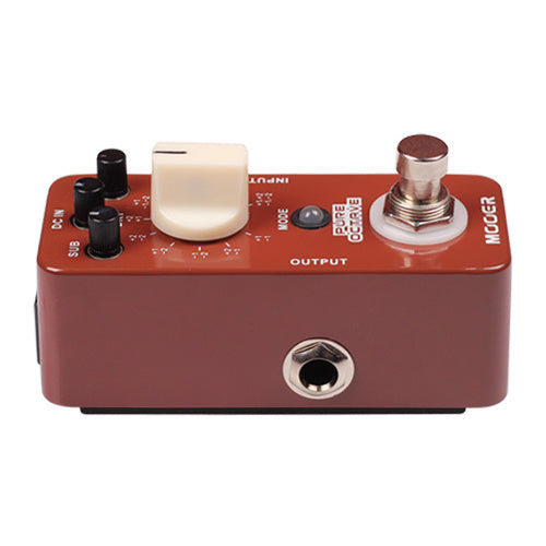 Compact brown effects pedal with a large white knob, three small black knobs, a footswitch, and input/output jacks labeled "Pure Octave" by Mooer.