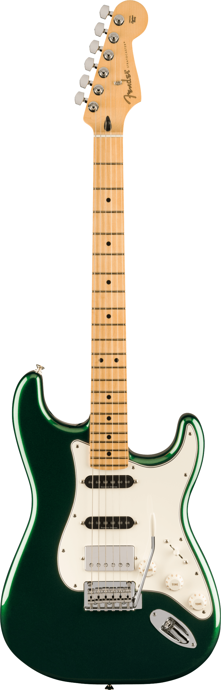 Green electric guitar with a maple fretboard, three pickups, white pickguard, whammy bar, and chrome tuning pegs.