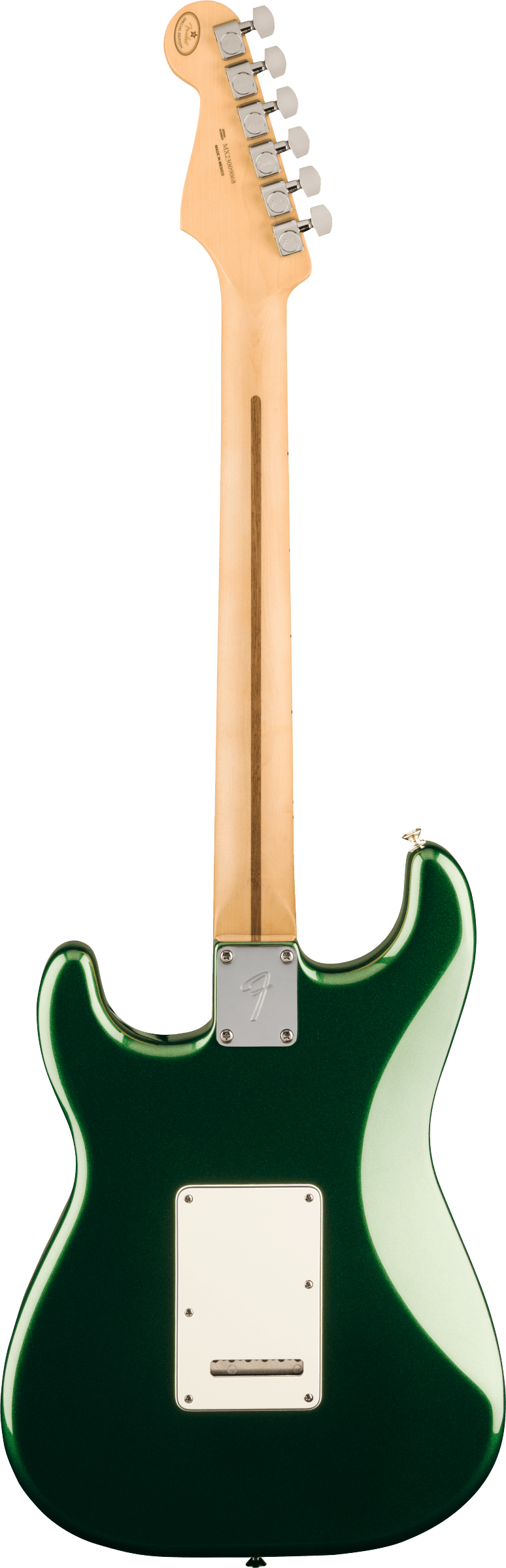 Green electric guitar shown from the back, with a light wood neck, silver tuning pegs, and a rectangular white plastic plate on the body.