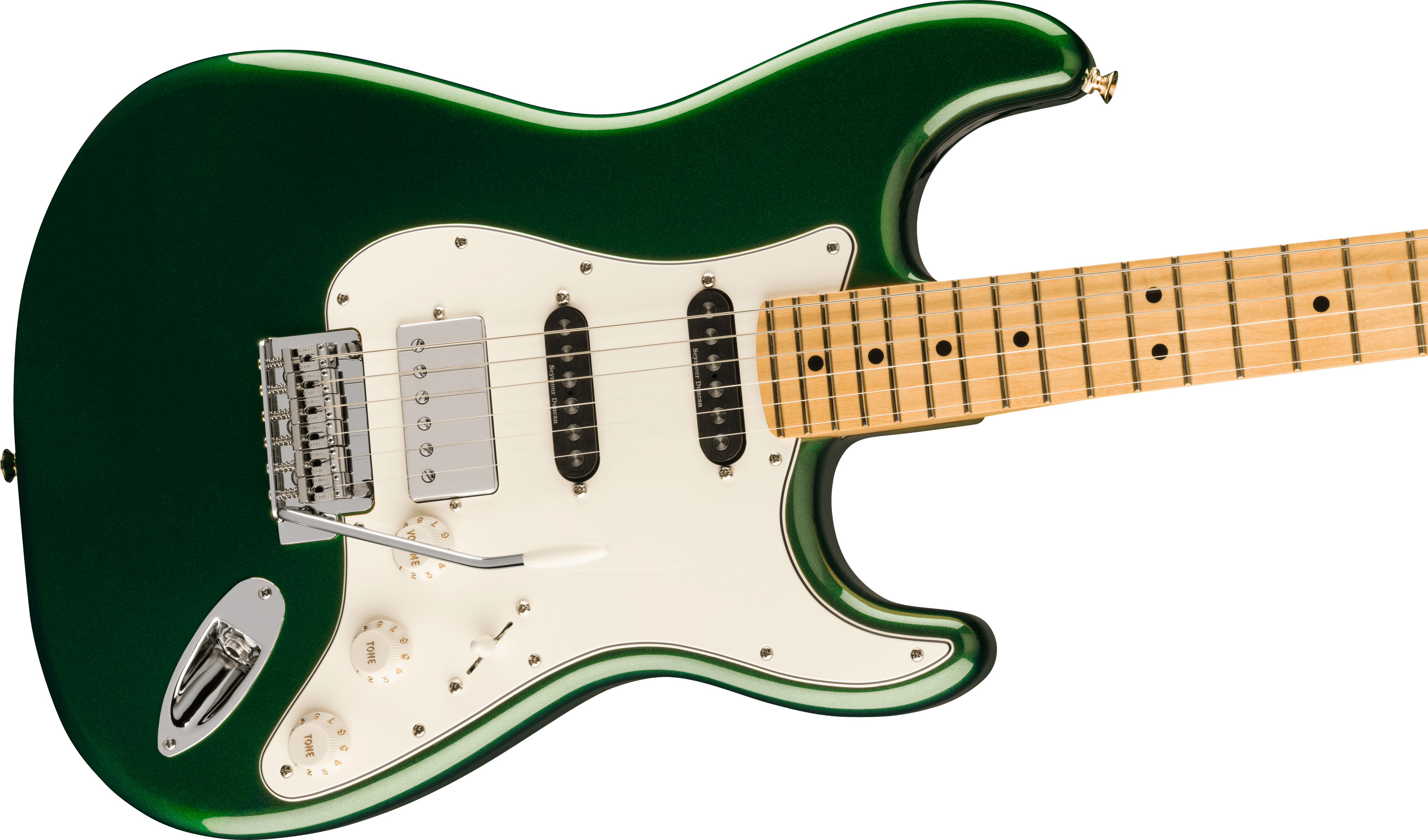 Green electric guitar with a white pickguard, chrome bridge, three pickups, maple fretboard, and white control knobs.
