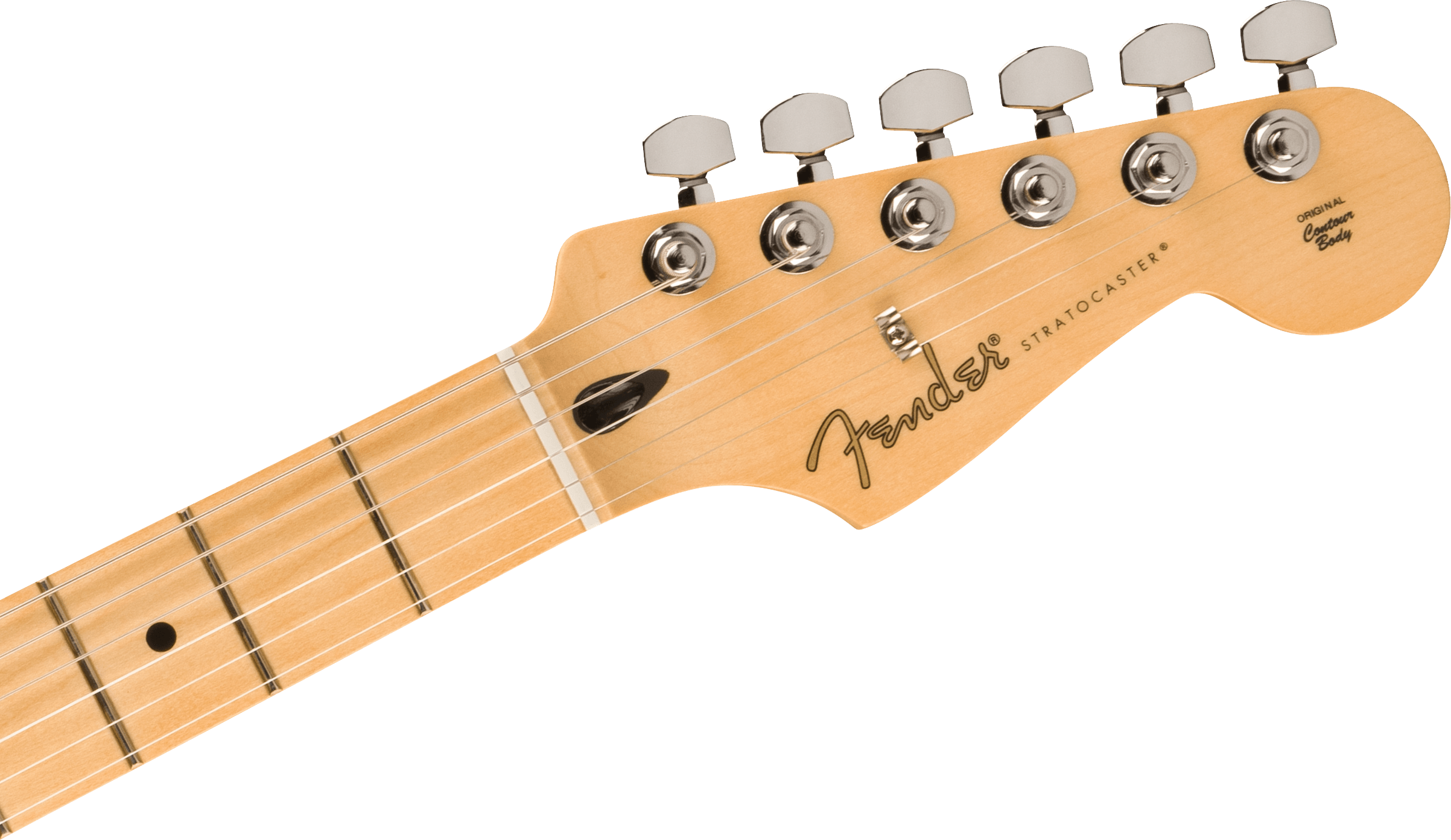 Natural wood Fender Stratocaster electric guitar headstock with six chrome tuning pegs and "Fender" logo in black script.