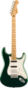 Green electric guitar with a maple fretboard, three pickups, white pickguard, whammy bar, and chrome tuning pegs.