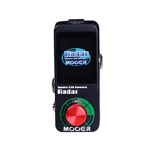Compact black effects pedal labeled "Mooer Radar" with a display screen and a large red rotary knob beneath it.