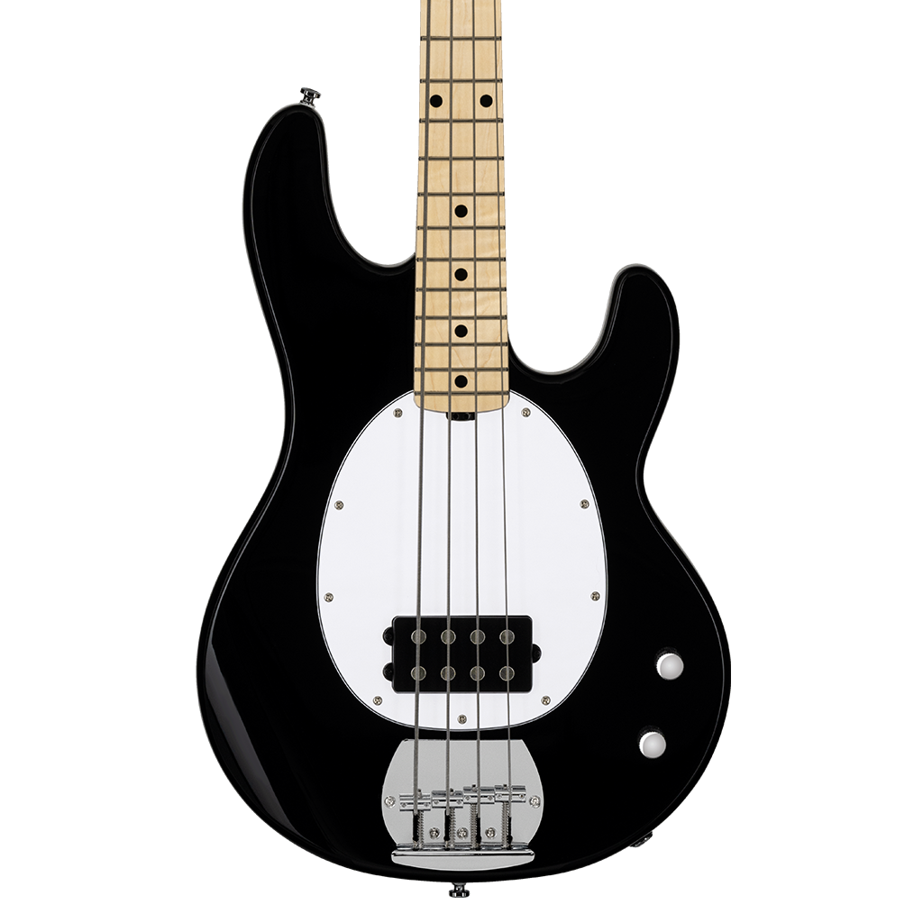 Black electric bass with a white oval pickguard, four strings, maple neck, two control knobs, and a single humbucker pickup near the bridge.