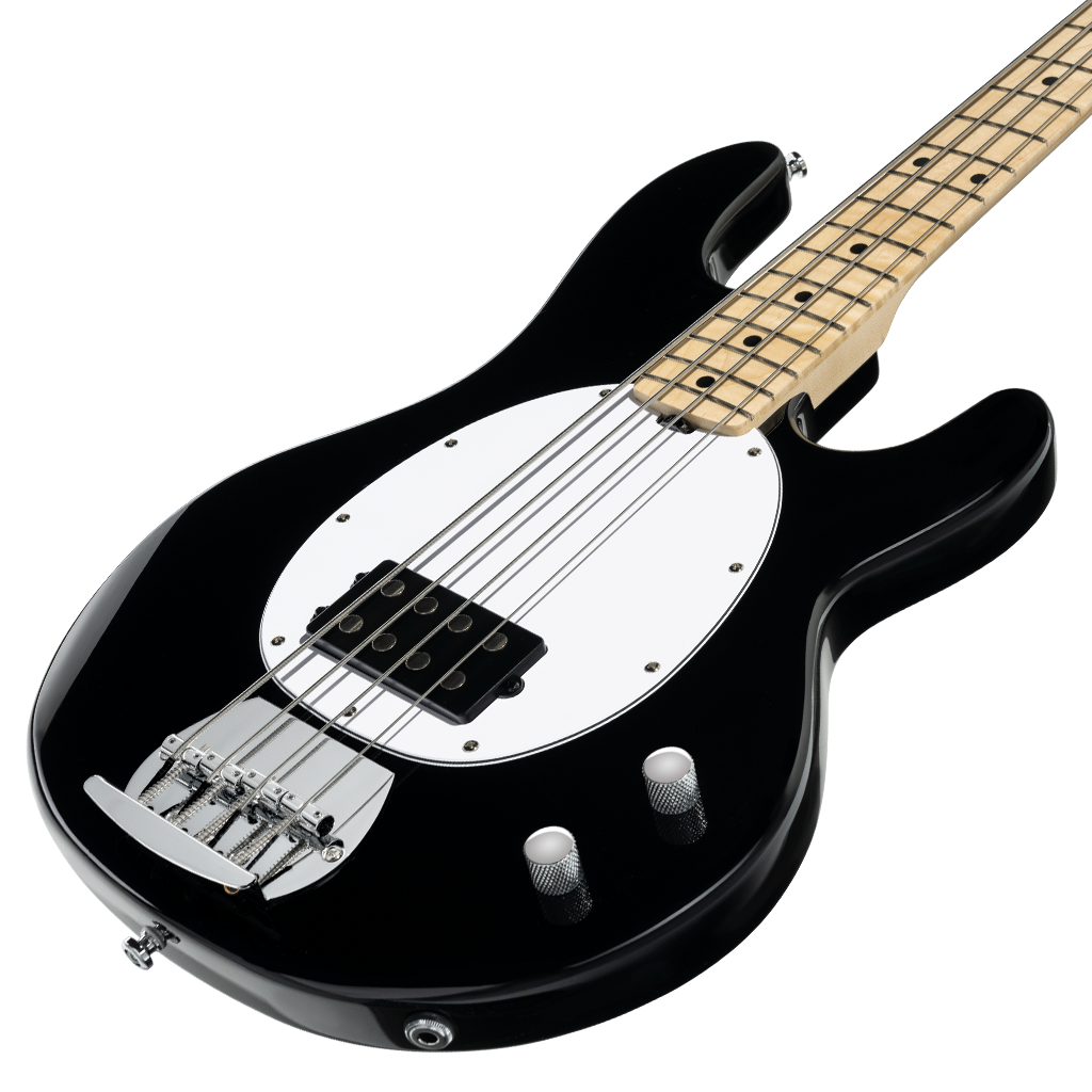 Black electric bass with a white oval pickguard, four strings, chrome bridge, two control knobs, and a light maple neck.