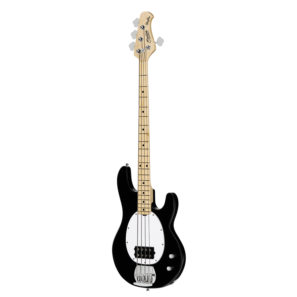 Black electric bass with a maple neck, white pickguard, four strings, silver bridge, and two control knobs.