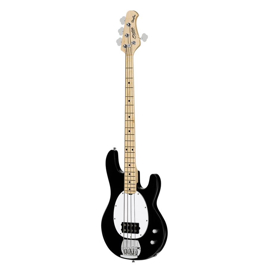 Black electric bass with a maple neck, white pickguard, four strings, silver bridge, and two control knobs.