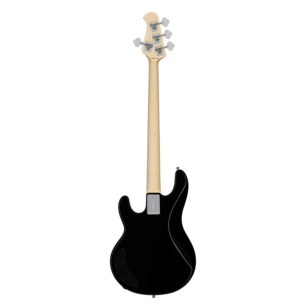 Black electric bass guitar shown from the back, with a light wood neck and four silver tuning pegs on the headstock.