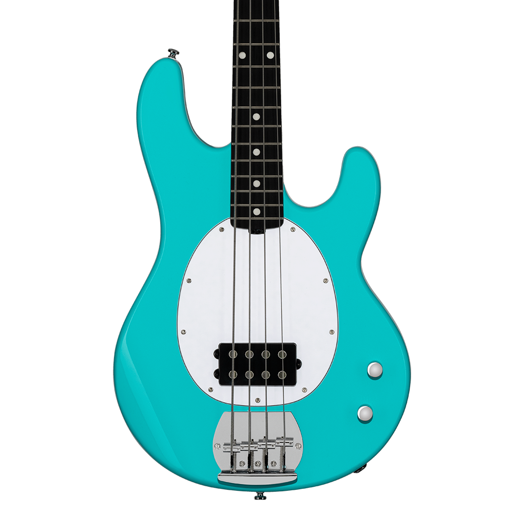 Aqua blue electric bass with a white oval pickguard, four strings, two control knobs, and a rectangular black pickup near the bridge.