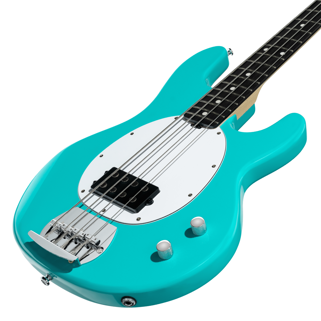 A turquoise electric bass with a white pickguard, four strings, two control knobs, and a single black pickup near the bridge.