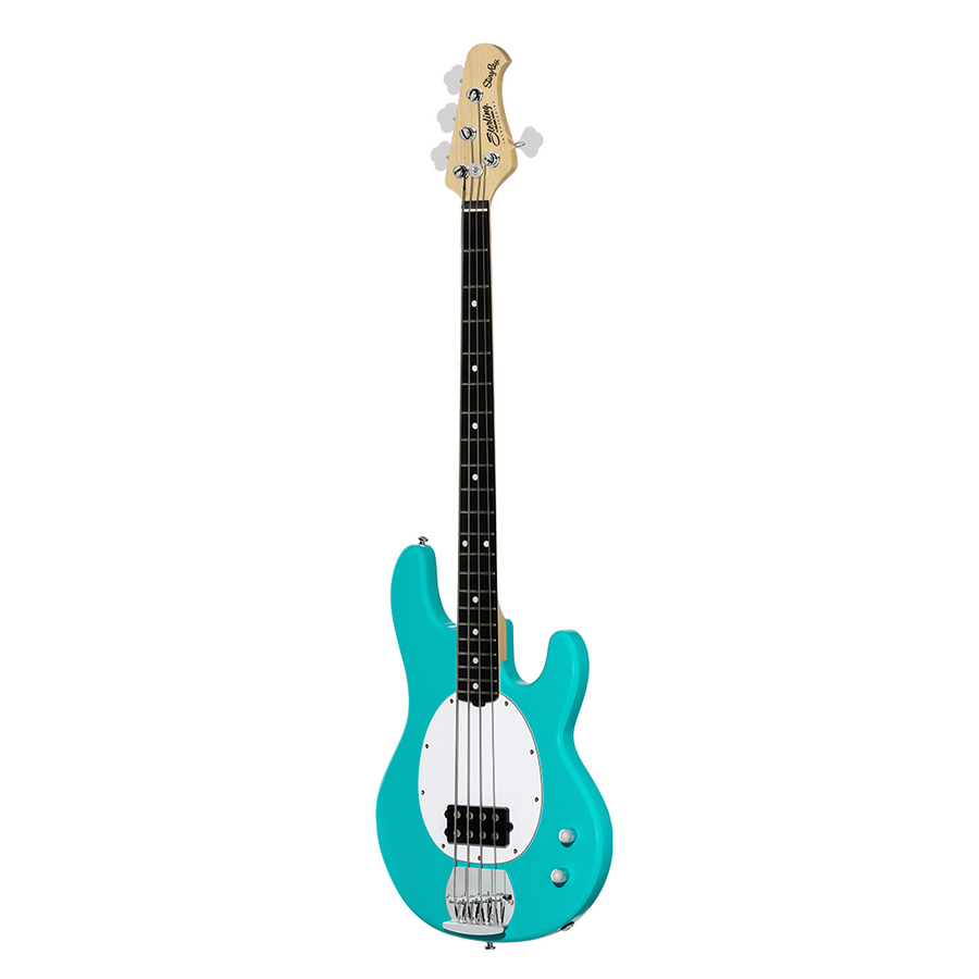 A turquoise electric bass guitar with a white pickguard, four strings, a black pickup, and a natural wood headstock.