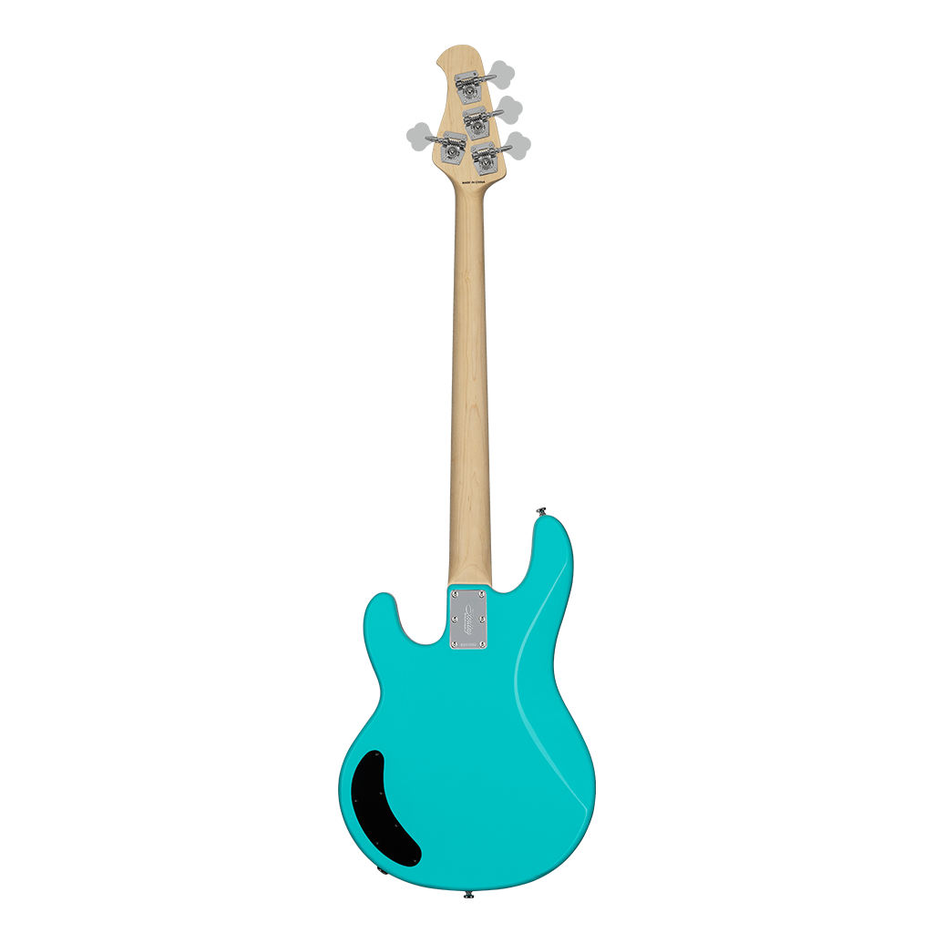 A turquoise electric bass guitar shown from the back, featuring a natural wood neck and chrome tuning pegs, with a black plate on the body.