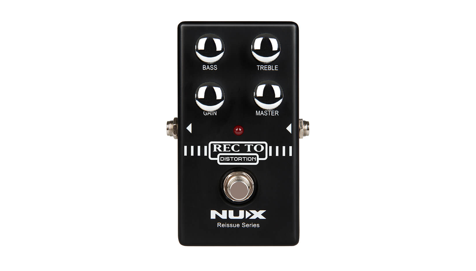 Black FX pedal with four knobs labeled Bass, Treble, Gain, Master, a footswitch, and the text NUX REC TO Distortion Reissue Series.