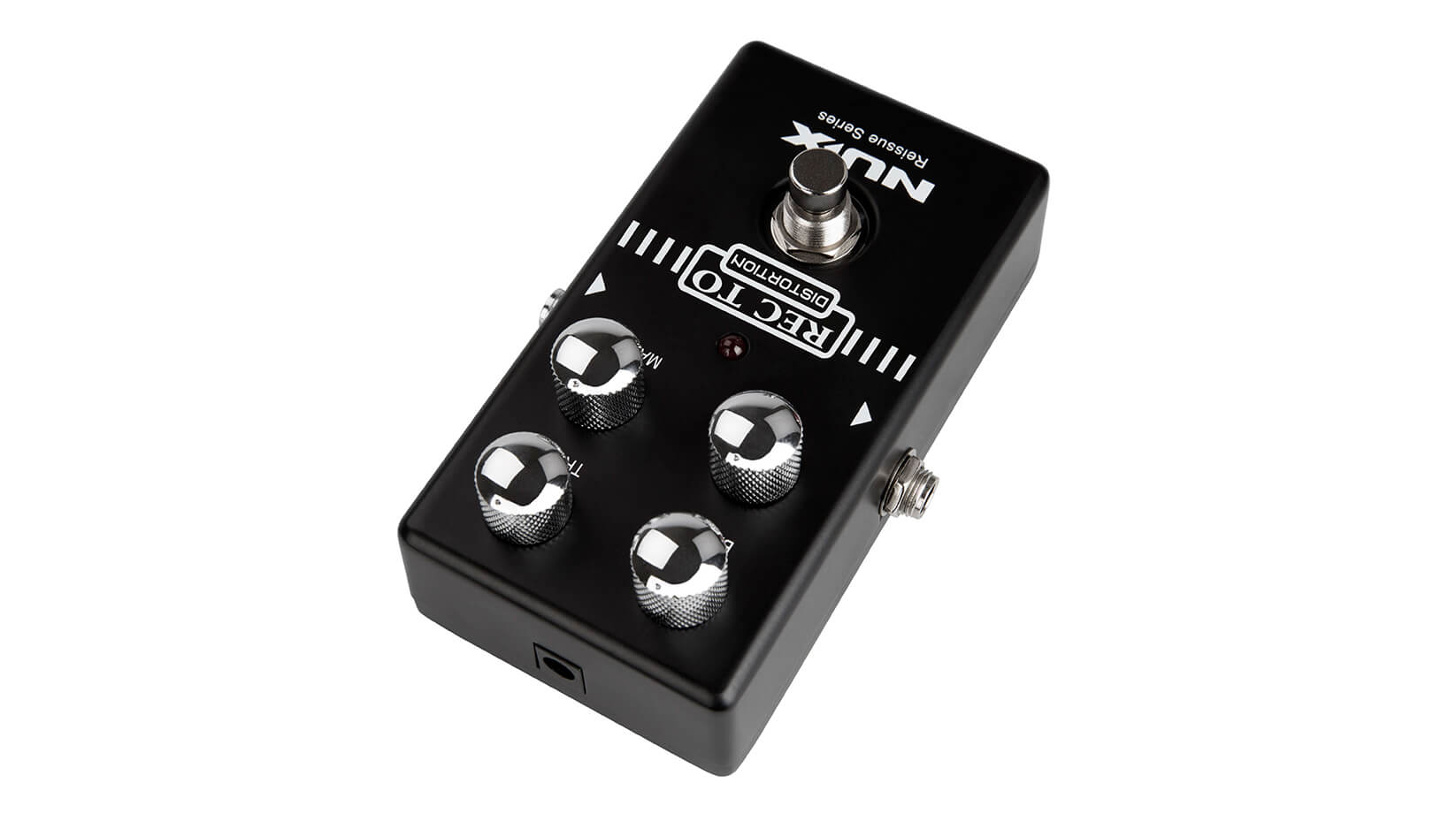 Black FX pedal labeled NUX Recto Distortion with four silver control knobs, a footswitch at the top, and input and output jacks on the sides.