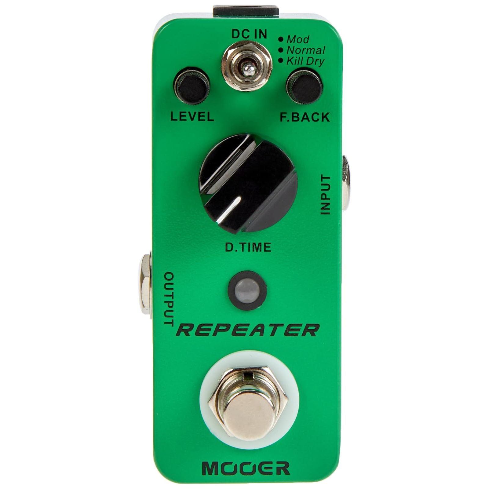 Green Mooer Repeater effects pedal with three knobs, a footswitch, input/output jacks on sides, and a mode switch at the top.