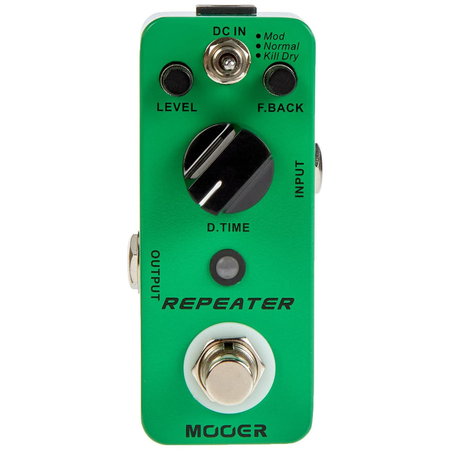 Green Mooer Repeater effects pedal with three knobs, a footswitch, input/output jacks on sides, and a mode switch at the top.