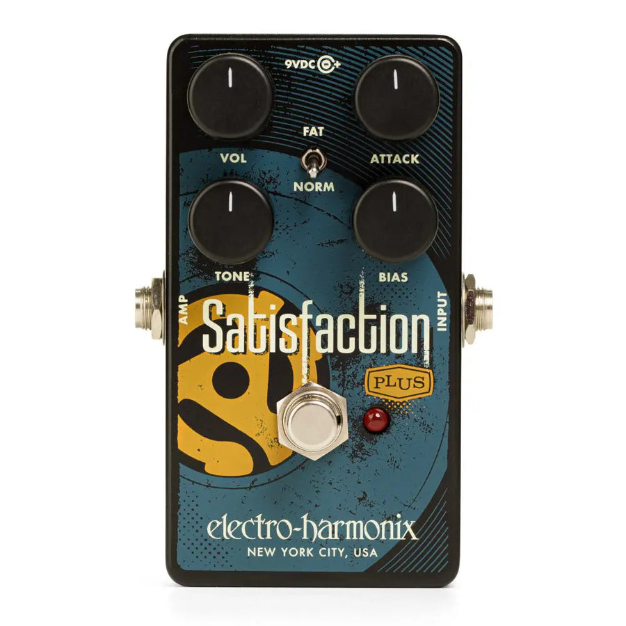 Electro-Harmonix Satisfaction Plus effects pedal with four knobs, a toggle switch, footswitch, and retro blue-yellow design.