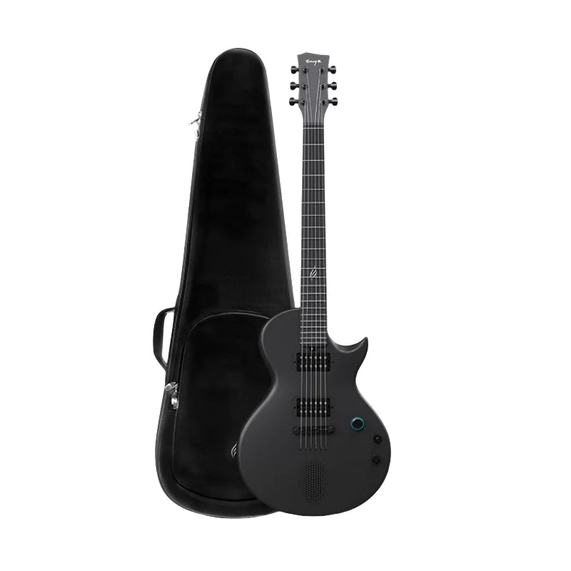Matte black electric guitar with two pickups, minimalist knobs, and no inlays, shown standing in front of a matching black soft carrying case.