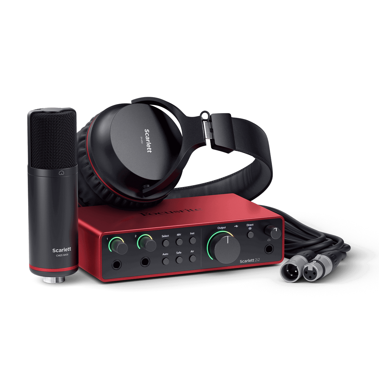 Scarlett audio interface kit with a red interface box, black over-ear headphones, a black microphone, and two XLR cables.
