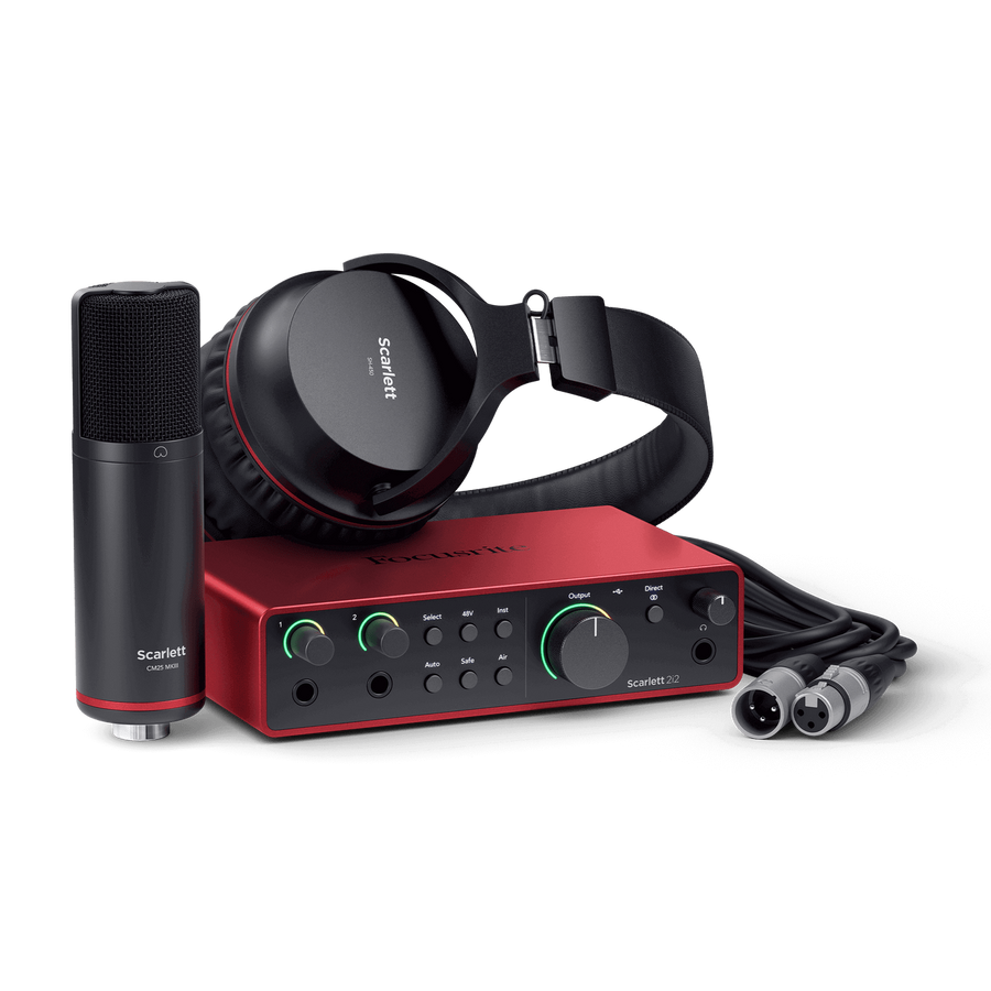 Scarlett audio interface kit with a red interface box, black over-ear headphones, a black microphone, and two XLR cables.