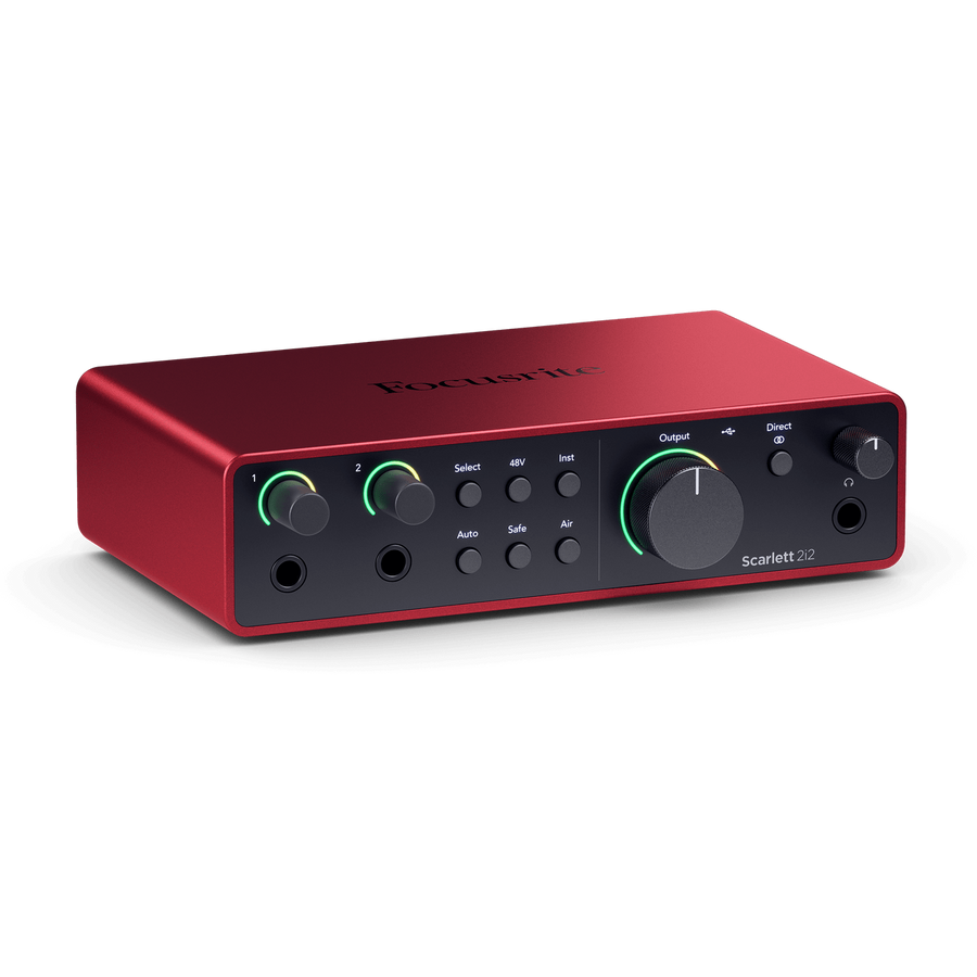 Scarlett 2i2 audio interface in red with two input knobs, multiple small buttons, a large output knob, headphone jack, and indicator lights on front panel.