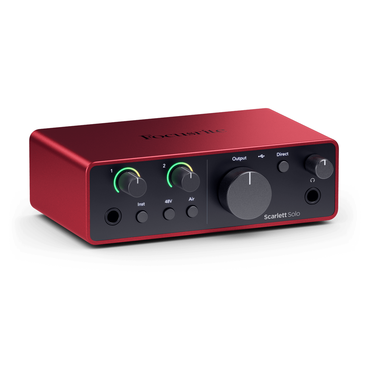 Compact red Focusrite Scarlett Solo audio interface with two input knobs, multiple buttons, a large output dial, and headphone jack on the front panel.