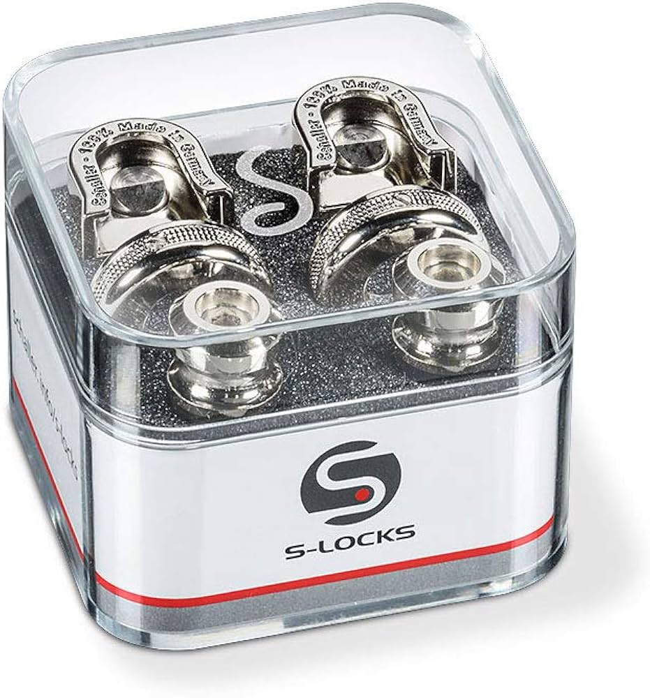 A clear box contains two pairs of shiny metal guitar strap locks labeled “S-LOCKS” with a black and red logo on the front.