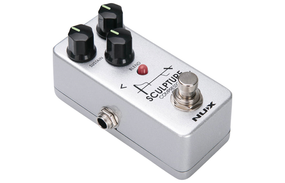 Silver NUX Sculpture Compressor FX pedal with three black knobs, a footswitch, and a red LED indicator on top.