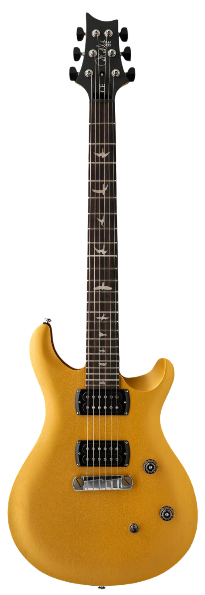 Gold electric guitar with two humbucker pickups, two control knobs, a three-way switch, and bird inlays on a dark fretboard.