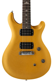 Gold electric guitar with two black humbucker pickups, two knobs, a toggle switch, and a stop tailpiece; fretboard has bird inlays.