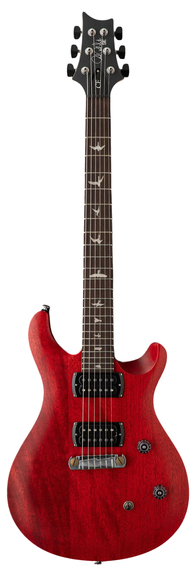 Red electric guitar with two black humbucker pickups, three control knobs, and bird-shaped inlays on a dark fretboard.