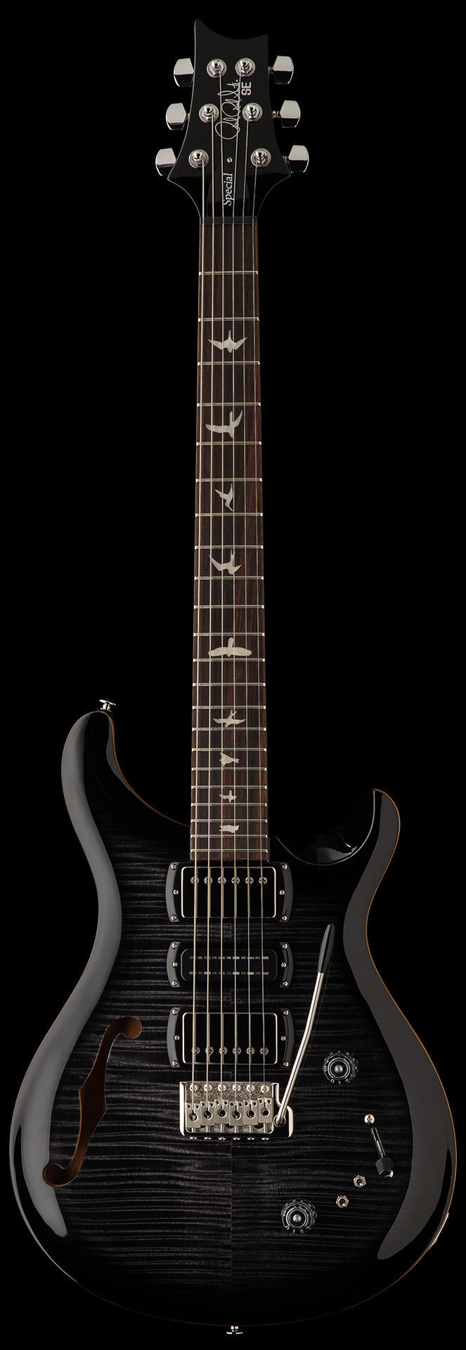 Black electric guitar with bird inlays on the fretboard, semi-hollow body, three pickups, and a whammy bar.