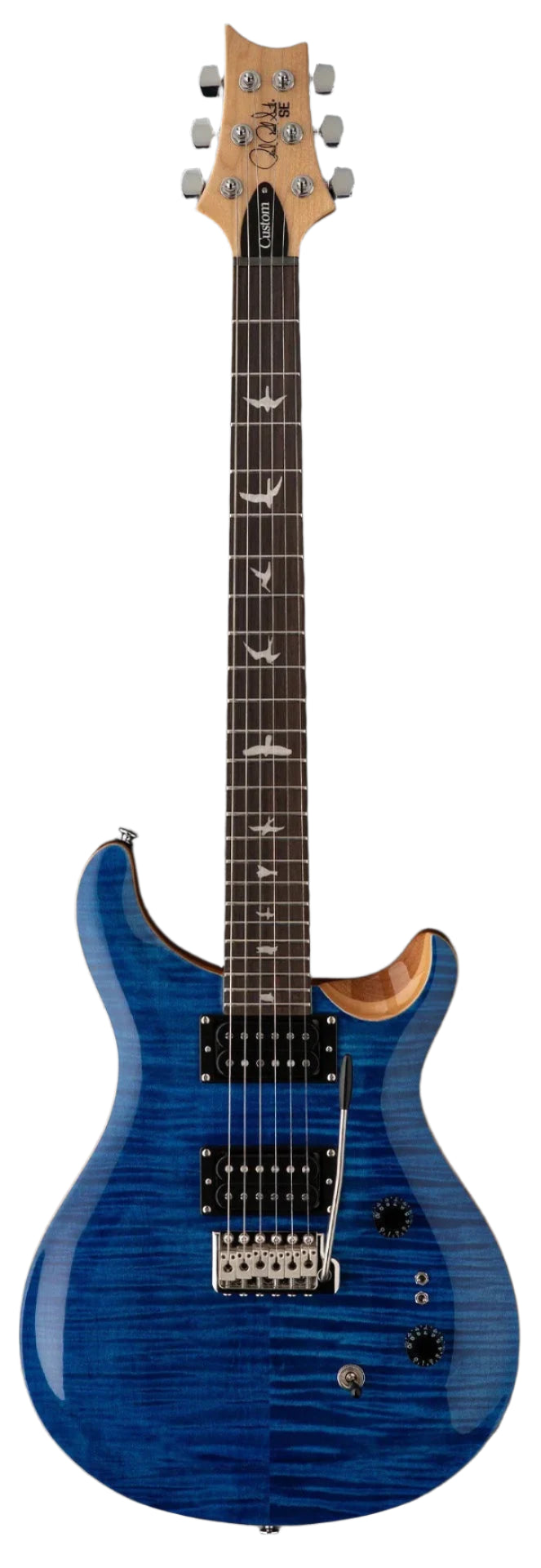 Blue electric guitar with two humbucker pickups, tremolo bridge, bird inlays on a dark fretboard, and natural wood accent near the neck.