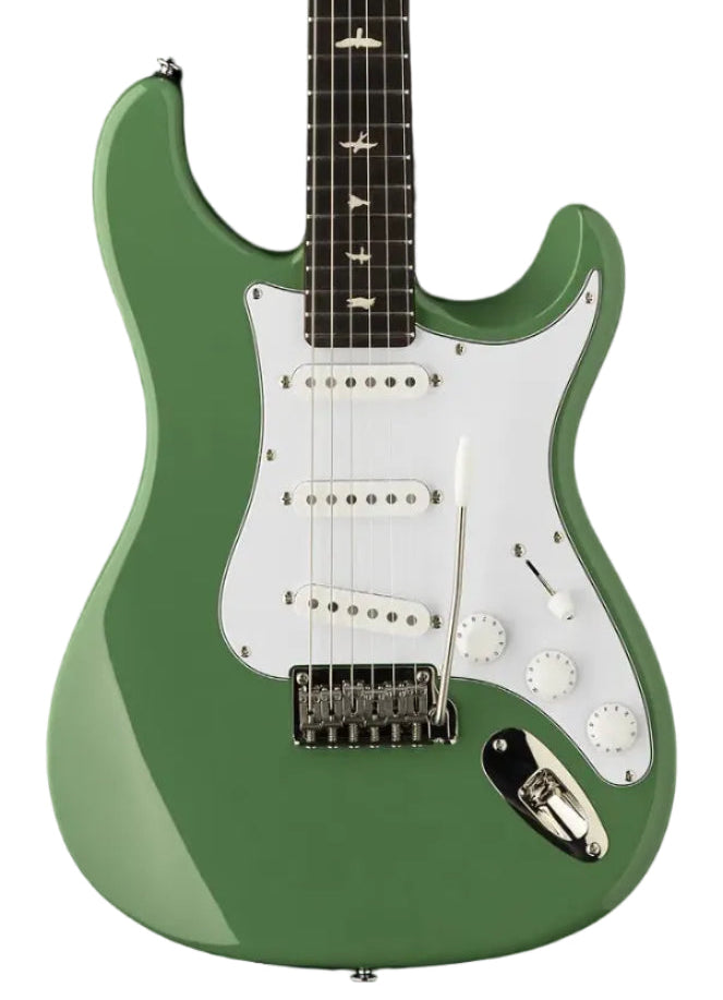 Green electric guitar with a white pickguard, three single-coil pickups, three control knobs, and a tremolo arm. Bird inlays on the fingerboard.