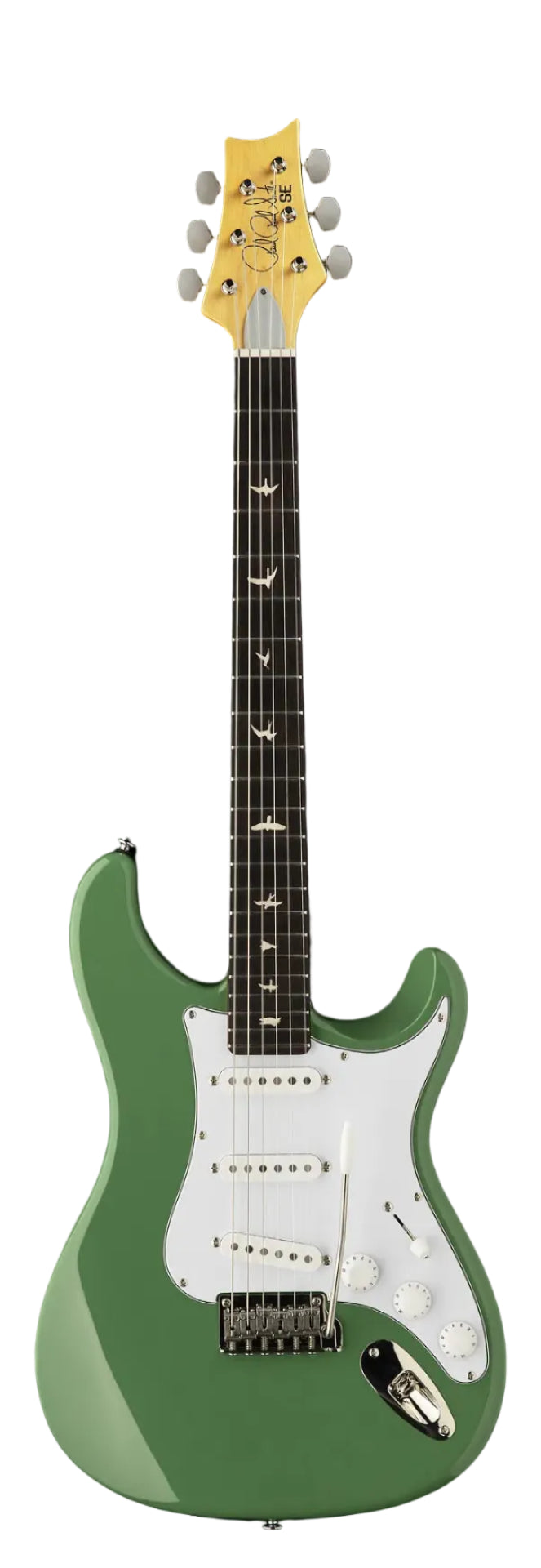 Green electric guitar with a white pickguard, three single-coil pickups, bird-shaped fretboard inlays, and a maple headstock with six tuners.